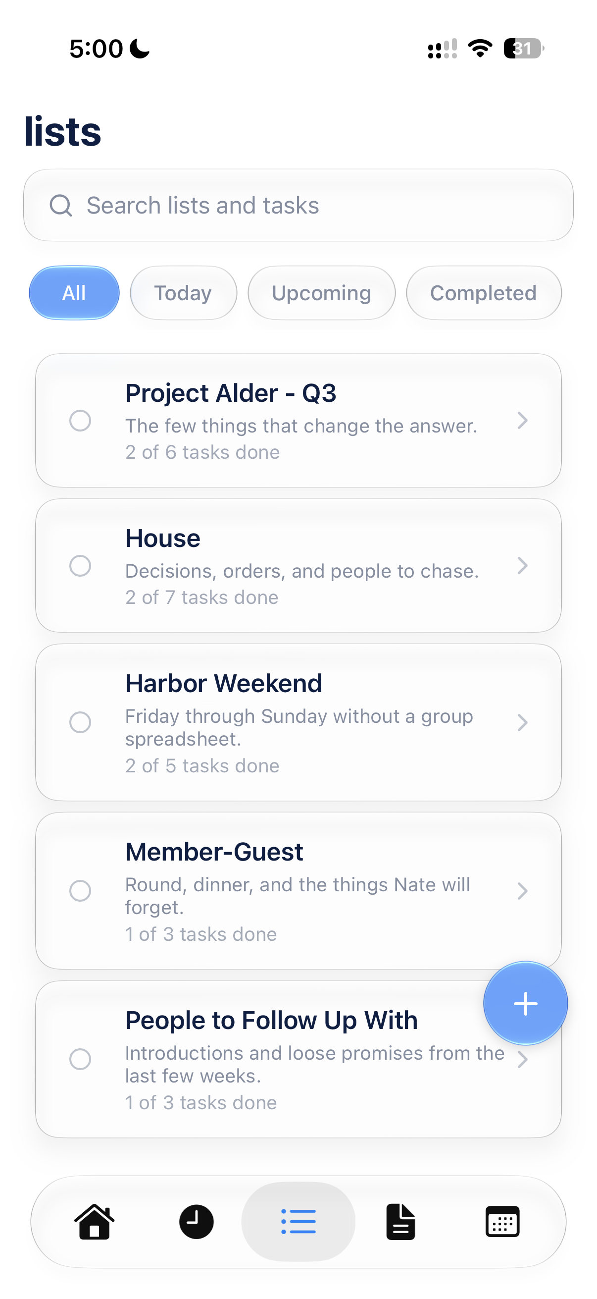 Lists screen