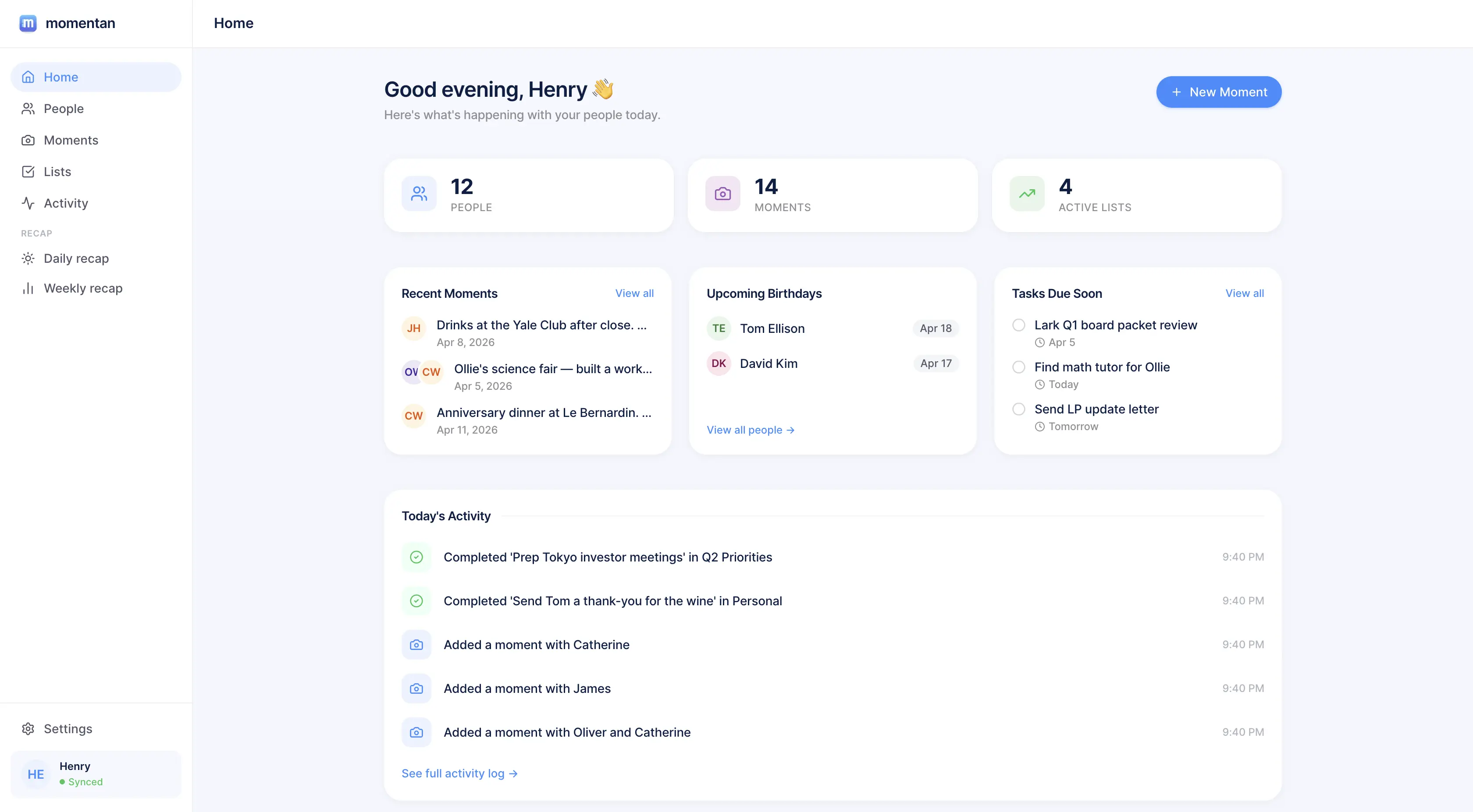Momentan web platform dashboard